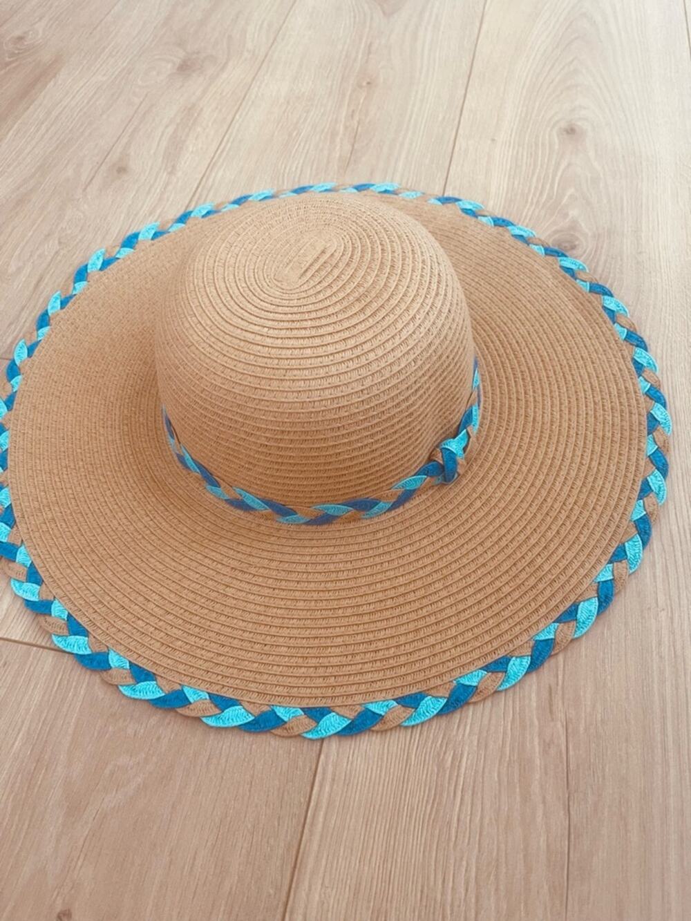 David and Young one size Tan Straw Sun Hat with Aqua Trim
